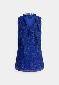 Blusa senza maniche blu con motivo paisley, scollatura arricciata e una leggera lucentezza. Tessuto fluido con vestibilità comoda.
