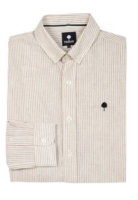 Gestreepte beige katoenen shirt met witte knopen, button-down kraag en zwart boompje logo op de borst. Heeft lange mouwen en een omgeslagen manchet.