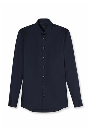 Dunkelblaues Herrenhemd mit langen Ärmeln, Knopfleiste und klassischem Kragen, flach liegend auf weißem Hintergrund dargestellt.