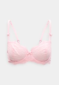 Ροζ σουτιέν από δαντέλα με κυματιστά άκρα, μπανέλα για στήριξη και ρυθμιζόμενους ιμάντες ώμου με διακοσμητικά φιόγκους. Υφασμένο με λουλουδένιο ανάγλυφο μοτίβο.