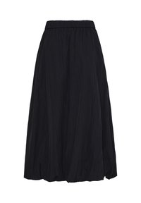 Jupe midi noire avec taille élastique froncée et silhouette évasée large en A, fabriquée dans un tissu léger et légèrement texturé.