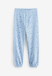 Pantaloni da pigiama azzurro chiaro con un motivo floreale. Presentano una texture a coste e polsini elastici alle caviglie e in vita.