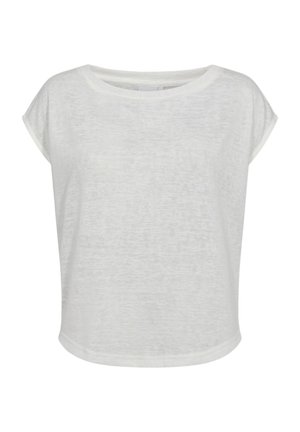 Top court blanc à manches courtes avec col rond, tissu légèrement texturé et coupe décontractée.