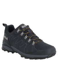 Scarpe da trekking nere con tomaia in camoscio e mesh, punta arrotondata, occhielli metallici, lacci gialli e suola in gomma texturizzata.