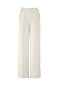 Wijdvallende broek in zachte, roomkleurige stof. Heeft een elastische tailleband, twee frontzakken en een gladde, lichte textuur.