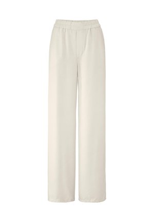 Pantaloni a gamba larga in morbido tessuto crema. Presentano un elastico in vita, due tasche frontali e una consistenza liscia e leggera.