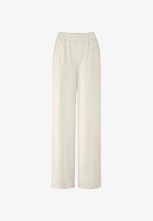 Weite Hosen aus weichem, cremefarbenem Stoff. Mit einem elastischen Bund, zwei Fronttaschen und einer glatten, leichten Textur.