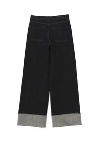 Sorte vidde bukser med grå opsmøgede kanter og to baglommer, vist bagfra mod en hvid baggrund.