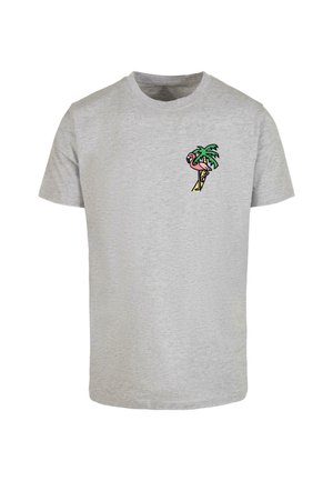 Gray cotton t-shirt with short sleeves, featuring a colorful palm tree and flamingo graphic on the left chest area.