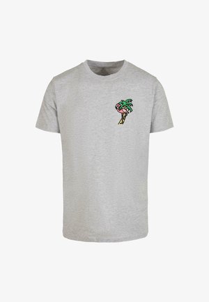 Gray cotton t-shirt with short sleeves, featuring a colorful palm tree and flamingo graphic on the left chest area.