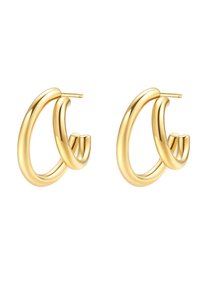 Goldene Creolen mit einem glatten, gedrehten Design. Runde Form mit einer polierten Oberfläche und einer sicheren Steckverschluss-Details.