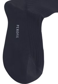 Calzini blu navy caratterizzati da una texture rigata e una finitura liscia, con il nome del marchio "PEROFIL" stampato in bianco sul lato.