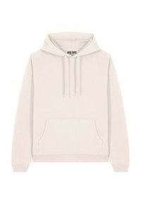 Svetlá béžová mikina vyrobená z mäkkej tkaniny, s klokankou, sťahovacou kapucňou a rebrovanými manžetami a lemom. Jednoduchý, minimalistický dizajn.