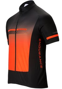 Zwarte en oranje fietsshirt met rits. Voorzien van een gradient ontwerp en contrasterende horizontale strepen. Gemaakt van ademend materiaal.