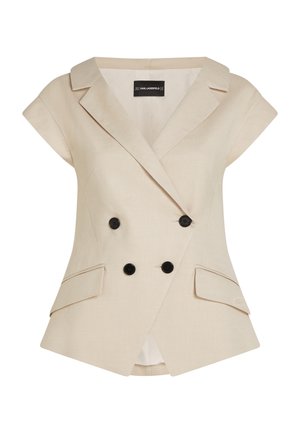 Blazer beige pour femmes, à double boutonnage, manches courtes, boutons noirs, col à revers cranté, et deux poches à rabat à l'avant.