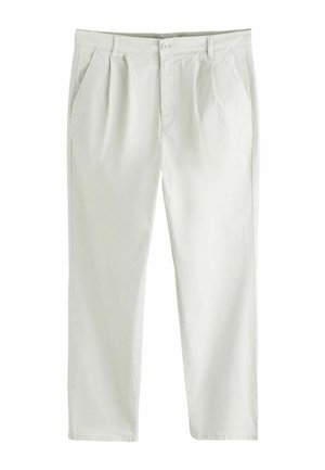 Világos bézs színű, egyenes szárú férfi nadrág elülső redőkkel, oldalsó zsebekkel, övhurkokkal és gombos rögzítéssel a derékon.