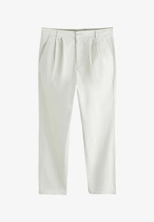 Világos bézs színű, egyenes szárú férfi nadrág elülső redőkkel, oldalsó zsebekkel, övhurkokkal és gombos rögzítéssel a derékon.