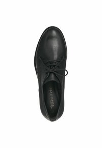 Čierna kožená topánka s okrúhlou špičkou, viazaním, hladkým povrchom a minimalistickými akcentmi. Obsahuje polstrovanú stielku pre pohodlie.