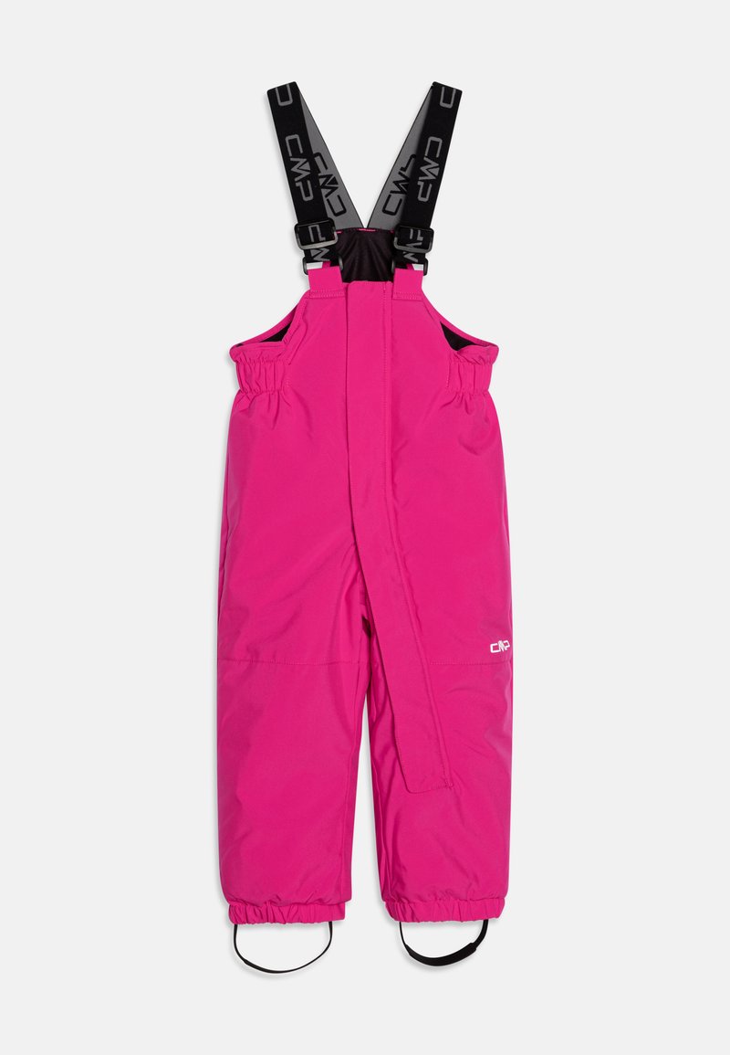 Fuksia snøbukser med justerbare svarte stropper og elastisk midje. Har forsterkede hem og stropper for sikker passform.
