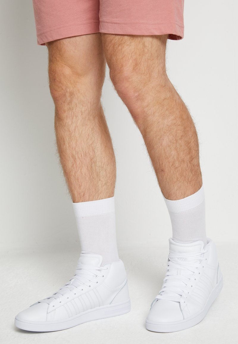 Persona vestida con zapatillas altas blancas, calcetines blancos, y pantalones cortos rosas, de pie sobre un suelo blanco contra una pared blanca.