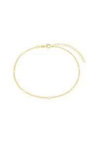 Pulsera de cadena de oro con pequeños eslabones redondos, un cierre tipo langosta y longitud ajustable con una extensión de cadena en un extremo.