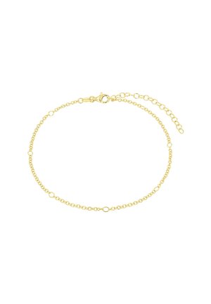 Bracciale in oro con piccoli anelli rotondi, chiusura a moschettone e lunghezza regolabile con un'estensione in catena a un'estremità.
