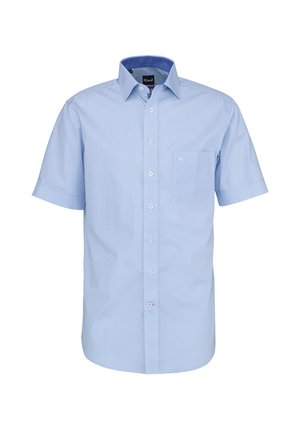 Hellblaues Herren-Kurzarm-Hemd mit kleinen geometrischen Mustern, spitzem Kragen und Brusttasche.