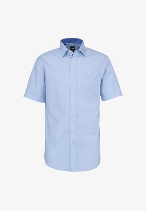 Hellblaues Herren-Kurzarm-Hemd mit kleinen geometrischen Mustern, spitzem Kragen und Brusttasche.