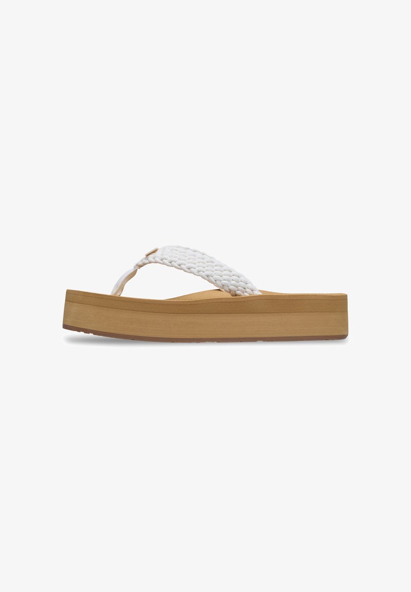 Άσπρο πλεκτό λουρί σαγιονάρας με παχύ ταμπατέ πλατφόρμα. Ελαφρύς σχεδιασμός με λεία υφή και μινιμαλιστικό στυλ, κατάλληλο για casual ντύσιμο.