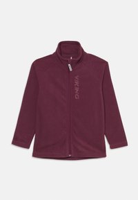Bordeauxfarbene Fleecejacke mit Reißverschluss vorne, hohem Kragen und dem Aufdruck "VIKING" auf der linken Seite. Glatte Textur und lange Ärmel.
