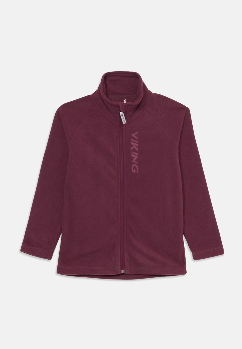 Bordeauxfarbene Fleecejacke mit Reißverschluss vorne, hohem Kragen und dem Aufdruck "VIKING" auf der linken Seite. Glatte Textur und lange Ärmel.