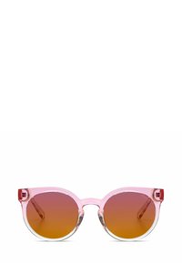 Lunettes de soleil transparentes roses avec des verres ronds, présentant un dégradé allant du jaune à l'orange et des accents transparents autour de la monture.