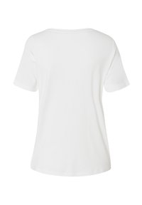 Korte mouw witte T-shirt met een ronde halslijn en een gladde textuur. Eenvoudig ontwerp, geen patronen of accenten, nauwsluitend bij de schouders.