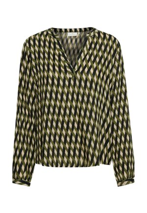 Blouse à manches longues avec motif rayé diagonal en vert olive, noir et beige, avec un col en V et une coupe ample.