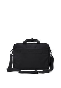 Black laptop bag made of durable fabric, featuring a rectangular shape, top handle, adjustable strap, and a front pocket with a textured band.