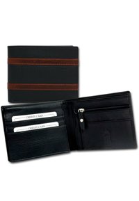 Black leather wallet featuring textured surface, brown striped accents, multiple card slots, and a zippered compartment for coins.