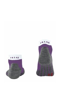 Fioletowo-szare skarpetki kostka z logo marki "FALKE" na białych mankietach, z amortyzowanym piętą i fakturowanym gripem dla komfortu.