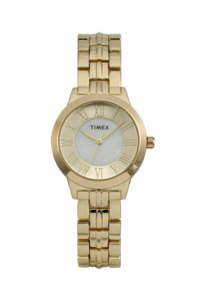 Gouden metalen horloge met een ronde wijzerplaat, Romeinse cijfers en een gemêleerde band. Heeft een witte wijzerplaat en een logo gecentreerd boven de cijfermarkeringen.