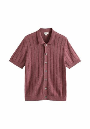 Short-sleeve button-up shirt in dusty rose with vertical ribbed texture and a classic collar, displayed on a white background.
