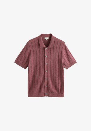 Short-sleeve button-up shirt in dusty rose with vertical ribbed texture and a classic collar, displayed on a white background.