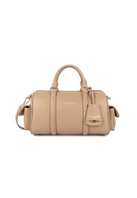Borsa a tracolla in pelle tan con superficie liscia, forma arrotondata, manici superiori doppi, accessori in oro e un'etichetta staccabile con il nome del marchio.