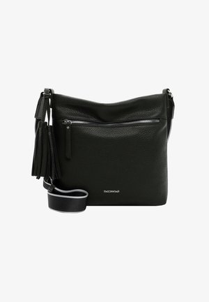 Sorte læder crossbody taske med en tekstureret overflade, frontlomme med lynlås, frynsedetalje og justerbar rem. Brandlogo synligt.