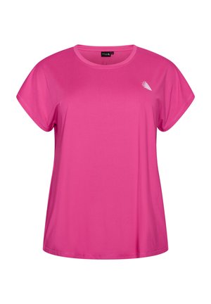 Bright pink short-sleeve athletic T-shirt with round neckline and small white logo on the upper left chest.