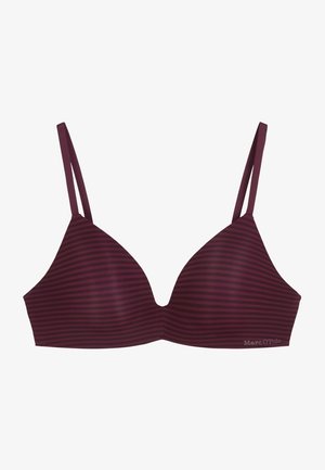 Paars en donker bruin gestreept beha met dunne verstelbare bandjes en gevormde cups, voorzien van het Marc O'Polo-logo aan de onderzijde rechts.