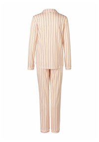 Striped pajama set in peach with vertical blue and yellow lines. Long-sleeved top features a collar; matching pants have elastic cuffs.