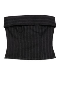 Top corset cu dungi negre, cu un design structurat, având un guler pliat și o textură netedă. Materialul pare solid și realizat la comandă.