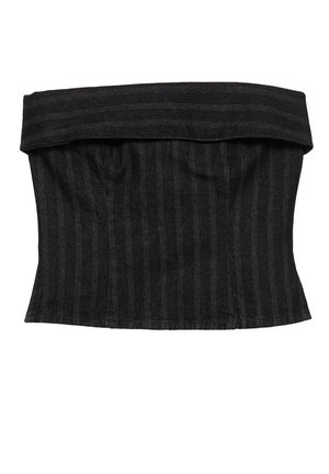 Schwarz gestreifter Korsett-Top mit strukturiertem Design, ausgestattet mit einem gefalteten Ausschnitt und glatter Textur. Der Stoff wirkt robust und maßgeschneidert.