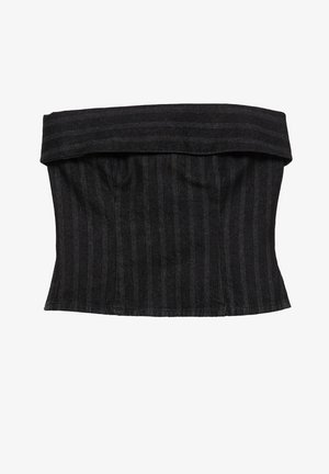 Schwarz gestreifter Korsett-Top mit strukturiertem Design, ausgestattet mit einem gefalteten Ausschnitt und glatter Textur. Der Stoff wirkt robust und maßgeschneidert.