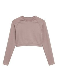 Krótkie dopasowane długie rękawy w kolorze pudrowego różu, o prążkowanej fakturze, z okrągłym dekoltem i rękawami raglanowymi. Prosty fason, bez widocznych zdobień czy wzorów.