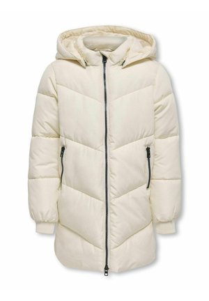 Helle beige Daunenjacke mit Kapuze, ausgestattet mit einem durchgängigen Reißverschluss, seitlichen Taschen und einem Chevron-Steppdesign. Glatte Textur, warmes Material.